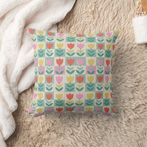 Vintage Tulips Patchwork Pattern Throw Pillow