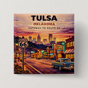 Vintage Tulsa Oklahoma Route 66 Travel Scene Button