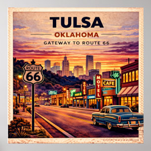 Vintage Tulsa Oklahoma Route 66 Travel Scene Poster