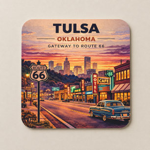 Vintage Tulsa Oklahoma Route 66 Travel Scene Square Paper Coaster