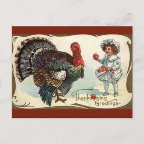 Vintage Turkey and Child With Apples Thanksgiving Postcard