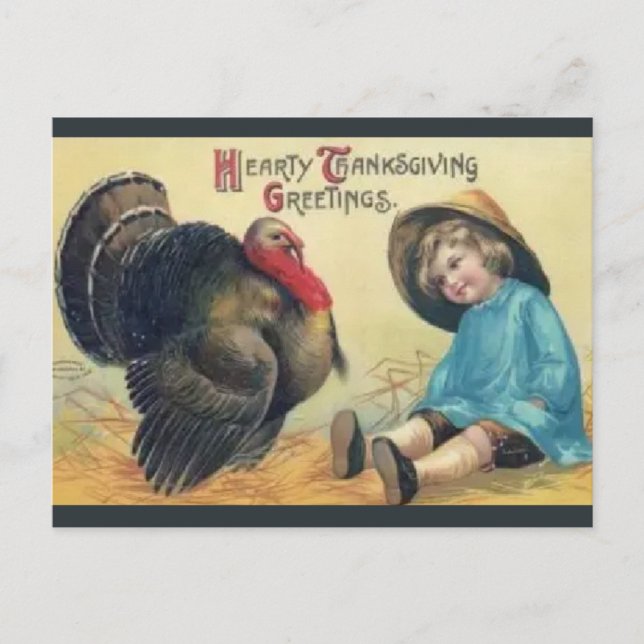 Vintage Turkey and Child With Hat Thanksgiving Postcard (Front)