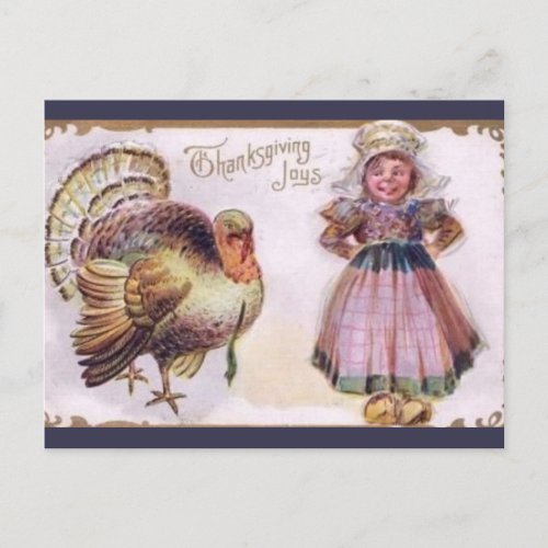 Vintage Turkey and Girl in Pink Dress Thanksgiving Postcard