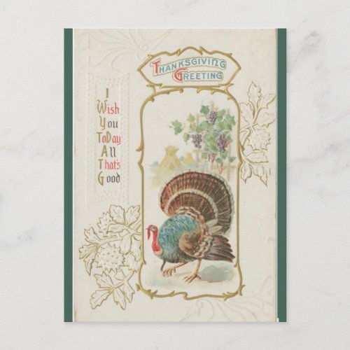 Vintage Turkey and Green Leaves Thanksgiving Postcard