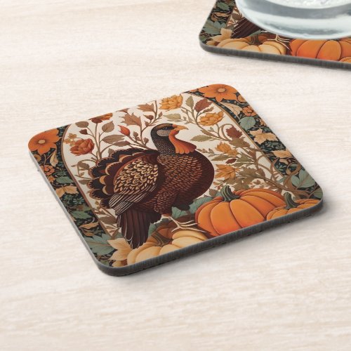 Vintage Turkey and Pumpkins Autumn Beverage Coaster