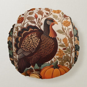 Vintage Turkey and Pumpkins Autumn Round Pillow