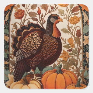Vintage Turkey and Pumpkins Autumn Square Sticker