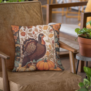 Vintage Turkey and Pumpkins Autumn Throw Pillow