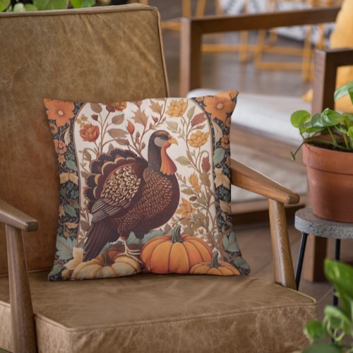 Vintage Turkey and Pumpkins Autumn Throw Pillow