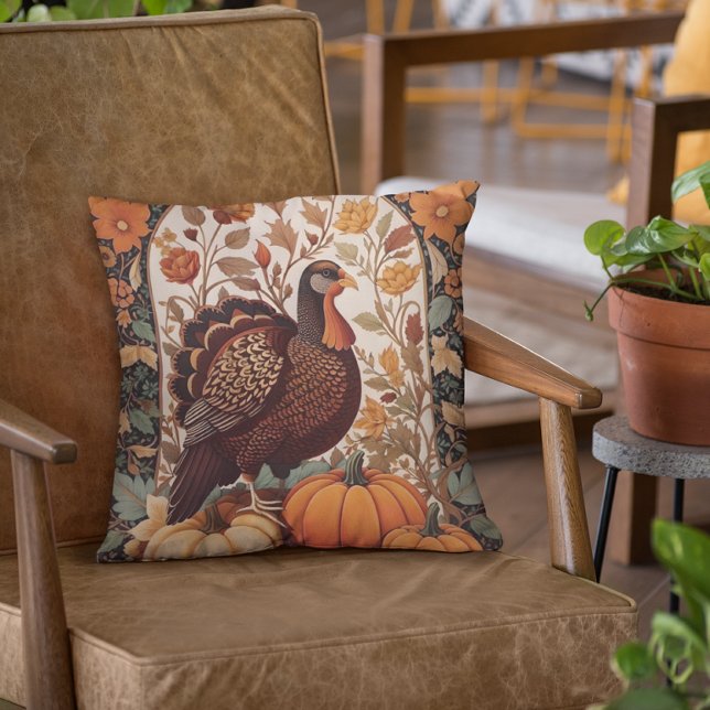 Vintage Turkey and Pumpkins Autumn Throw Pillow (Creator Uploaded)