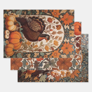 Vintage Turkey and Pumpkins Autumn Wrapping Paper Sheets