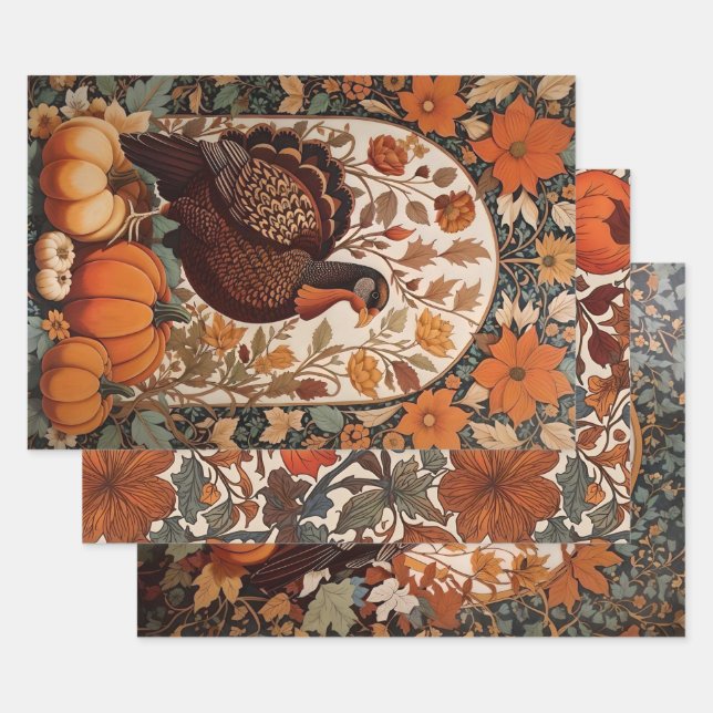 Vintage Turkey and Pumpkins Autumn Wrapping Paper Sheets (Set)