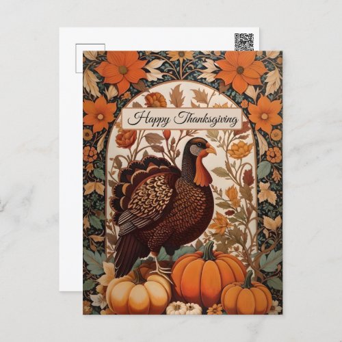 Vintage Turkey and Pumpkins Happy Thanksgiving Postcard