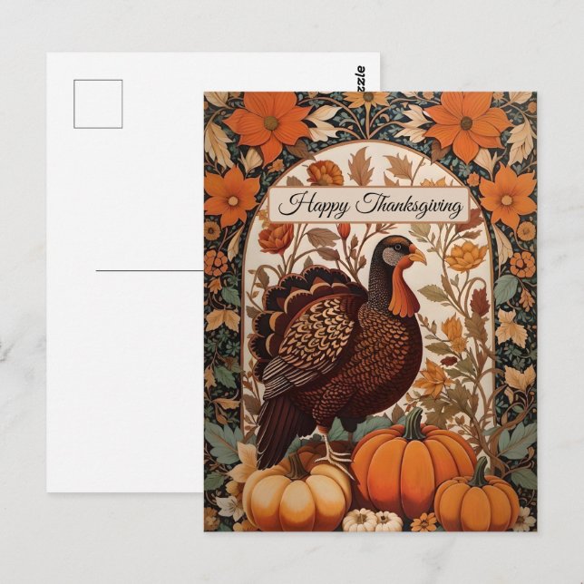Vintage Turkey and Pumpkins Happy Thanksgiving Postcard (Front/Back)