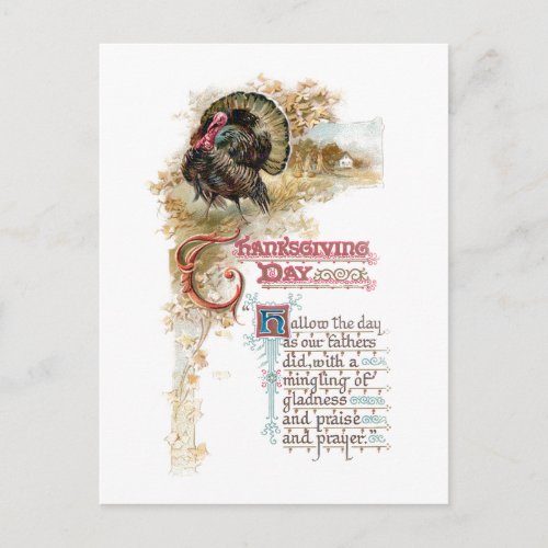 Vintage Turkey and Thanksgiving Verse Holiday Postcard