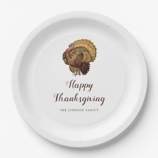Vintage Turkey Happy Thanksgiving Dinner  Paper Plates (Front)