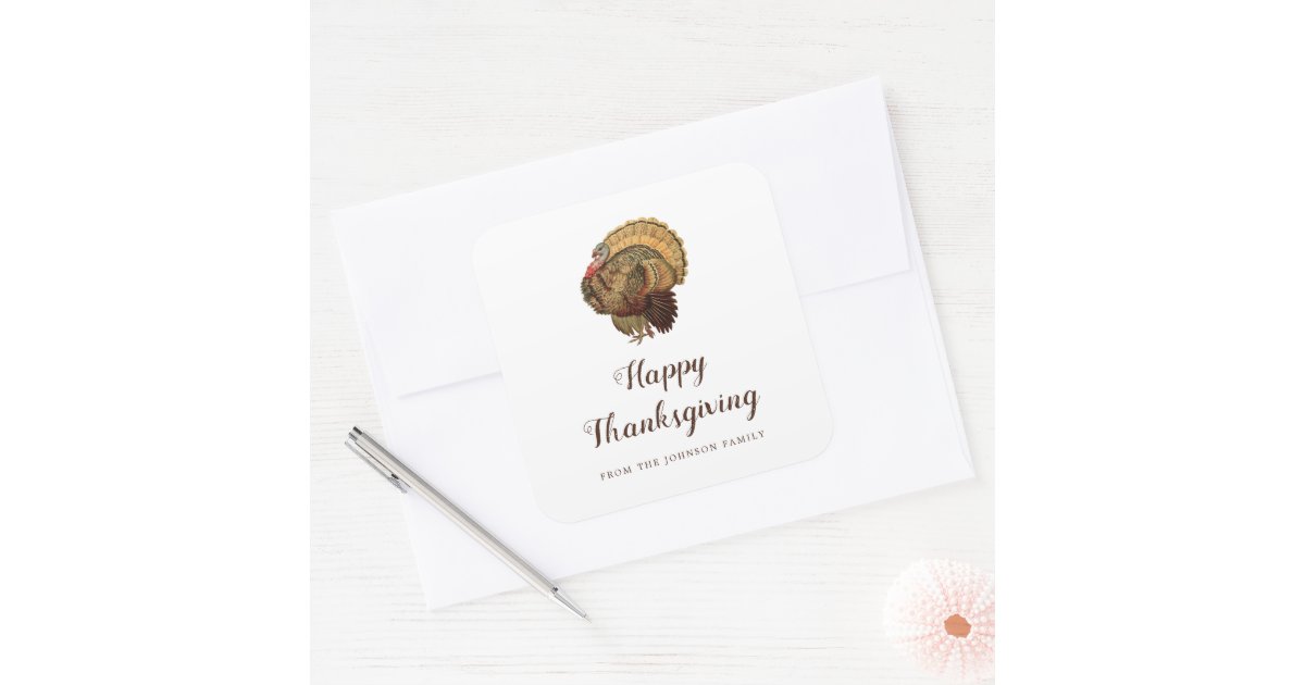 Vintage Turkey Happy Thanksgiving Square Sticker | Zazzle