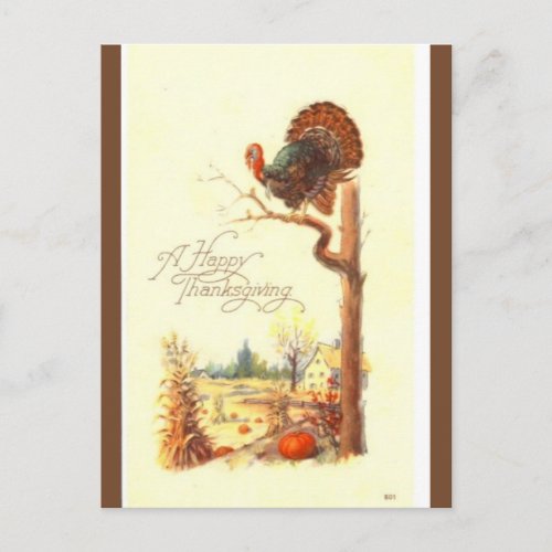 Vintage Turkey on a Stump Thanksgiving Greeting Postcard