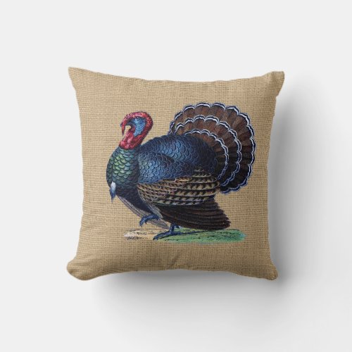 Vintage Turkey on faux Burlap Pillow