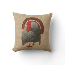Vintage Turkey Pillow on faux Burlap