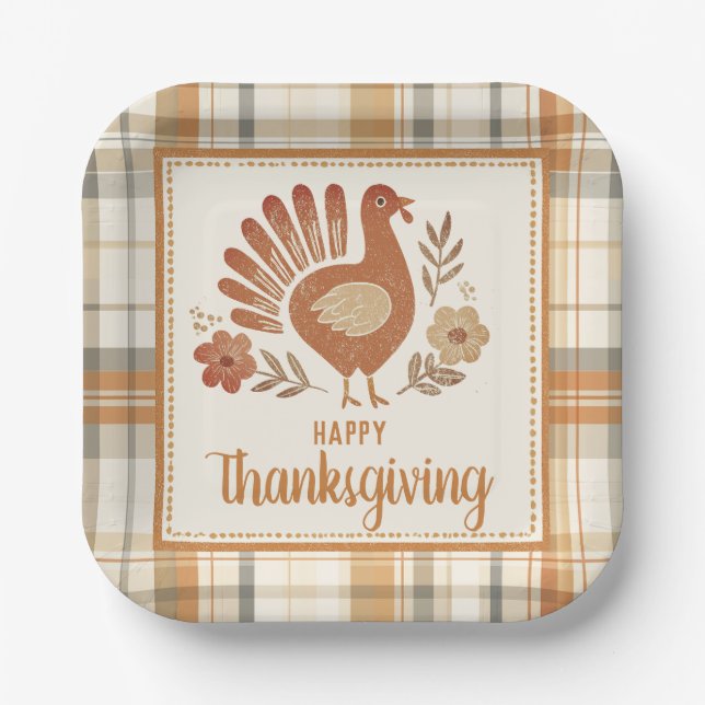 Vintage Turkey Plaid Thanksgiving Paper Plates (Front)