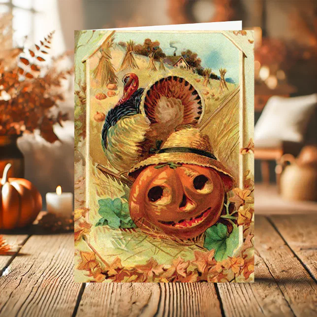 Vintage Turkey Pumpkin Thanksgiving Holiday Card | Zazzle