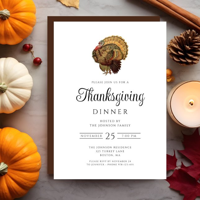 Vintage Turkey Thanksgiving Dinner Invitation (Elegant Turkey Thanksgiving Dinner Invitation)