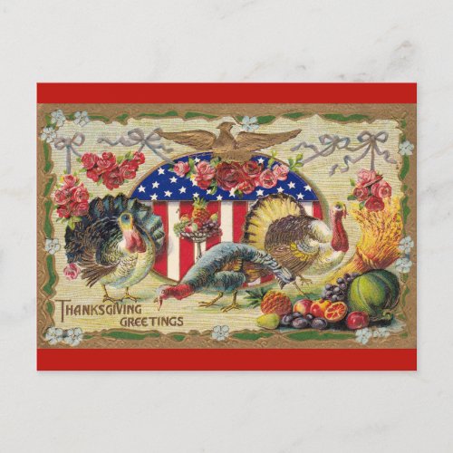 Vintage Turkey Thanksgiving Greetings Patriotic Postcard