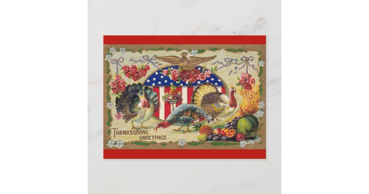 Vintage Turkey Thanksgiving Greetings Patriotic Postcard | Zazzle