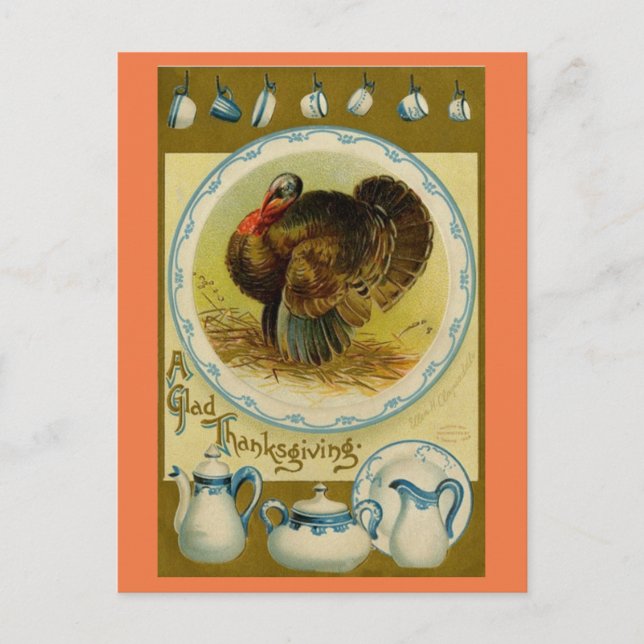 Vintage Turkey With Dishes Holiday Postcard (Front)