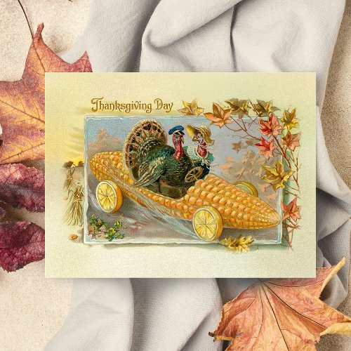 Vintage Turkeys in Corn Cob Car Holiday Postcard