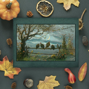 Vintage Turkeys on Fence in Moonlight Postcard