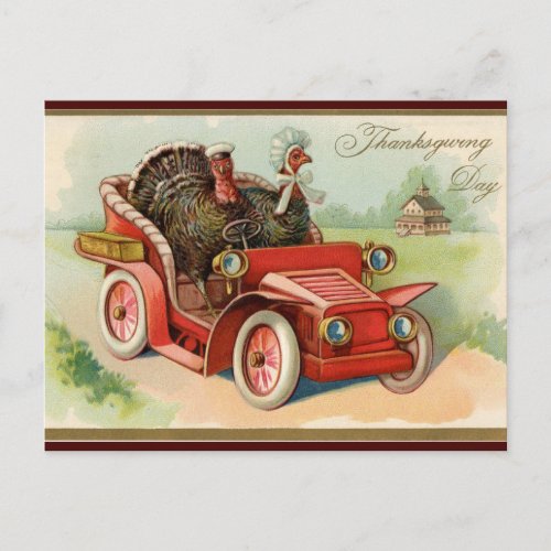 Vintage Turkeys Riding  in a Car Thanksgiving Postcard