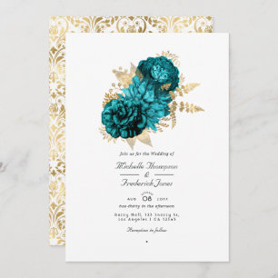 Vintage Turquoise and Gold Floral QR Code Wedding Invitation