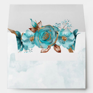 Vintage Turquoise and Gold Peony Wedding Envelope
