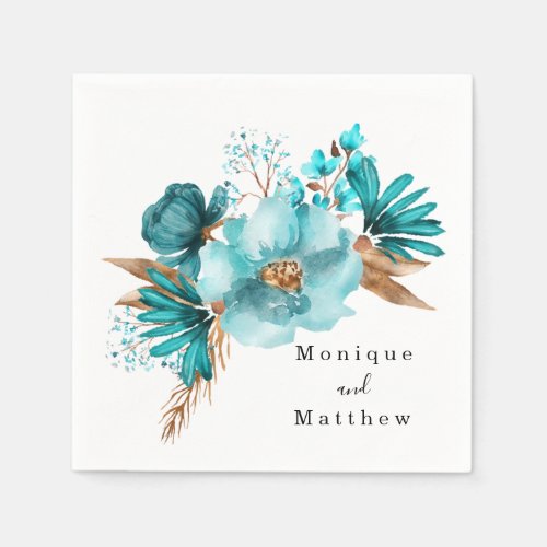 Vintage Turquoise and Gold Peony Wedding Napkins