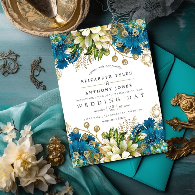 Vintage Turquoise and Gold Shabby Floral Wedding Invitation