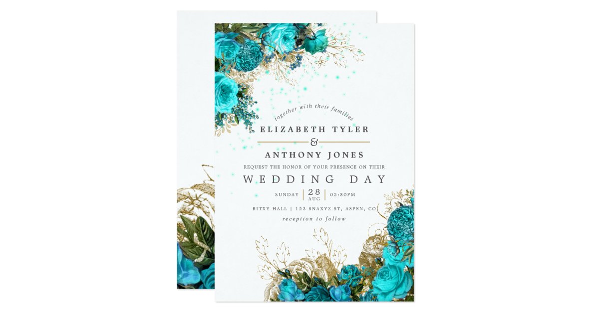 Vintage Turquoise and Gold Shabby Floral Wedding Invitation | Zazzle.com