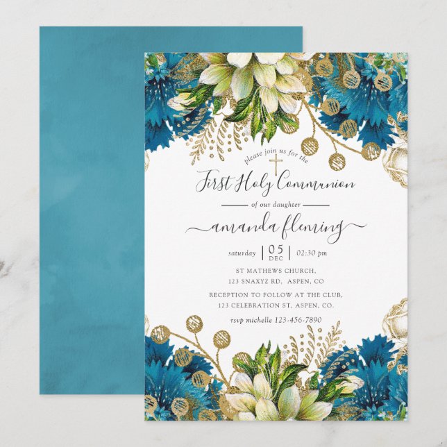 Vintage Turquoise and Gold Shabby Holy Communion Invitation (Front/Back)