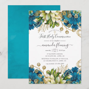 Vintage Turquoise and Gold Shabby Holy Communion Invitation
