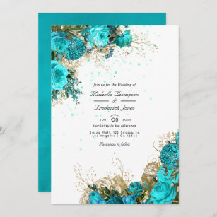 Vintage Turquoise and Gold Shabby QR Code Wedding Invitation