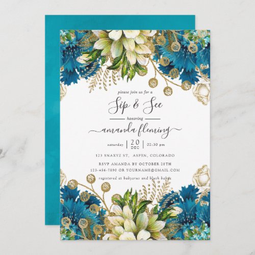 Vintage Turquoise and Gold Shabby Sip and See Invitation
