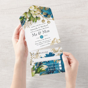 Vintage Turquoise and Gold Shabby Wedding All In One Invitation
