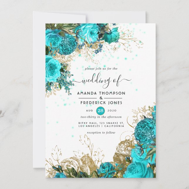 Vintage Turquoise and Gold Shabby Wedding Invitation (Front)