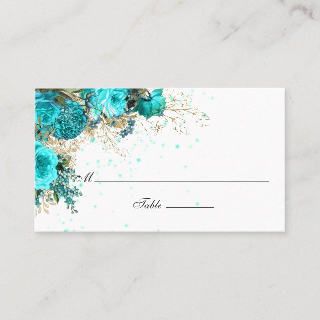 Vintage Turquoise and Gold Shabby Wedding Place Card (Front)