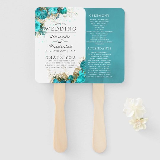 Vintage Turquoise And Gold Shabby Wedding Program Hand Fan