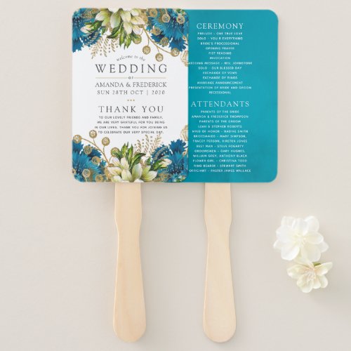 Vintage Turquoise and Gold Shabby Wedding Program Hand Fan