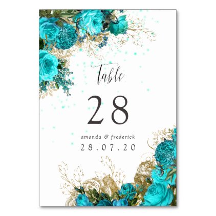 Vintage Turquoise and Gold Shabby Wedding Table Number