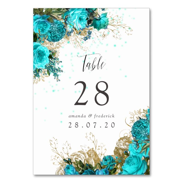 Vintage Turquoise and Gold Shabby Wedding Table Number (Front)