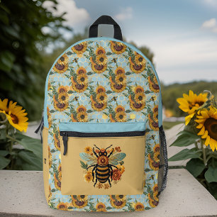 Vintage Turquoise and Gold Sunflower Bee Initials Printed Backpack